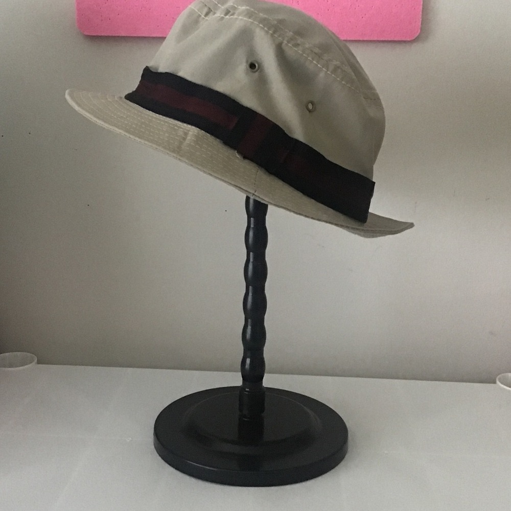 Red blue ribbon khaki fedora